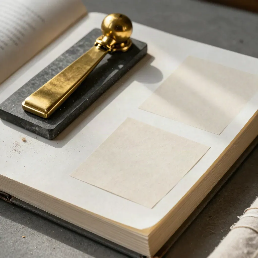 Book proofs with brass weight and bone folder on graphite stone, lit by soft daylight.