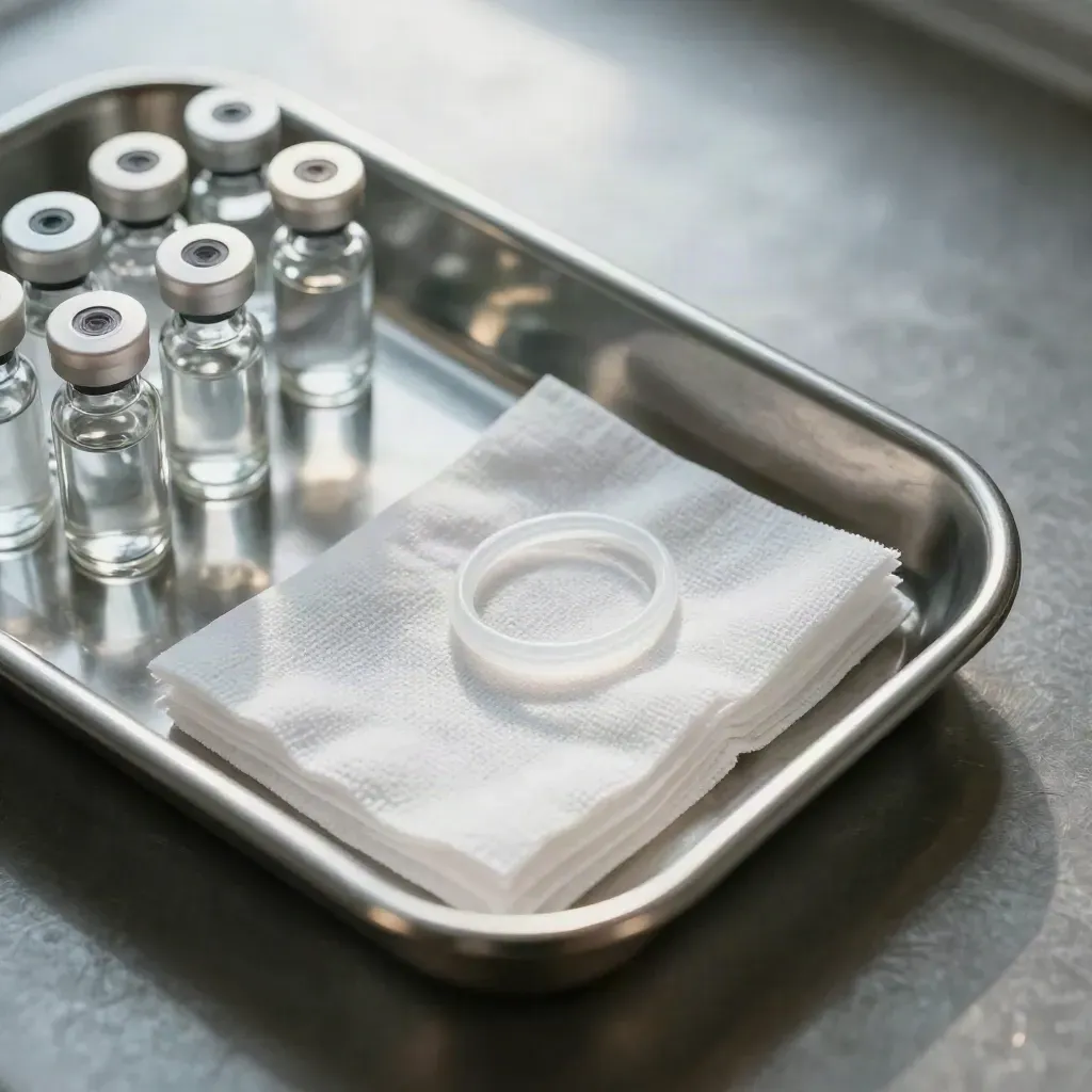 Top-down macro of medical tray, gauze, sealed vials and tubing on brushed steel