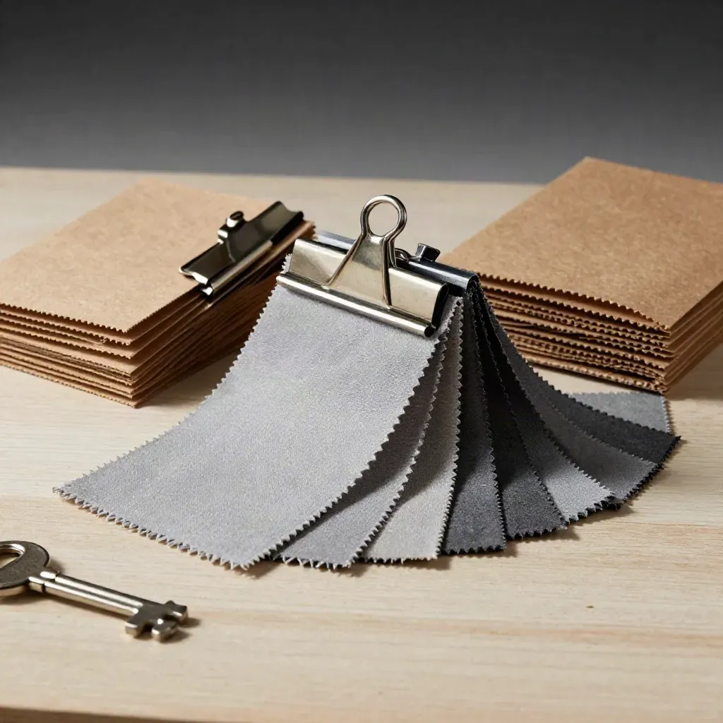 Kraft packaging sleeves, brushed shelf clips, and fabric swatches on pale wood in dramatic studio light.