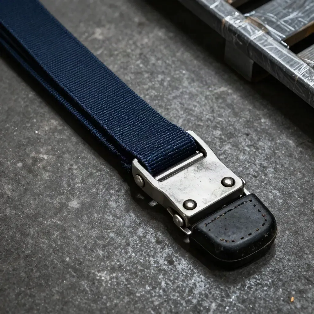 Coiled ratchet strap, cargo buckle, and rubber corner guard on dark concrete, lit dramatically.