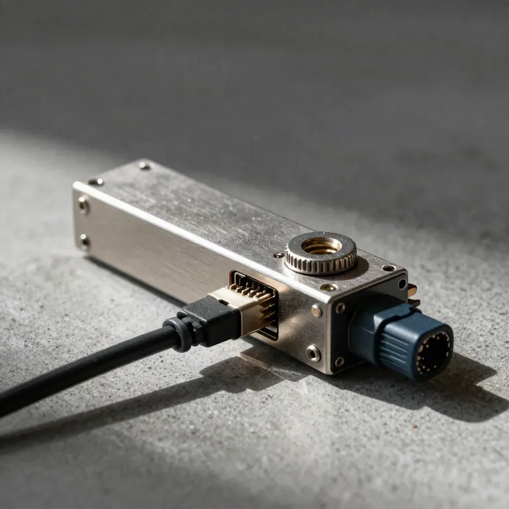 Macro still life of a hot-swap caddy, SFP transceiver, dust cap and braided patch lead on graphite concrete.