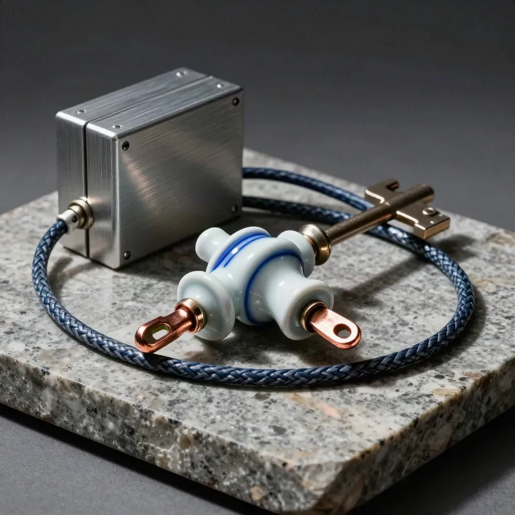 Porcelain insulator, braided cable, junction box, and copper lugs on stone in dramatic side light.