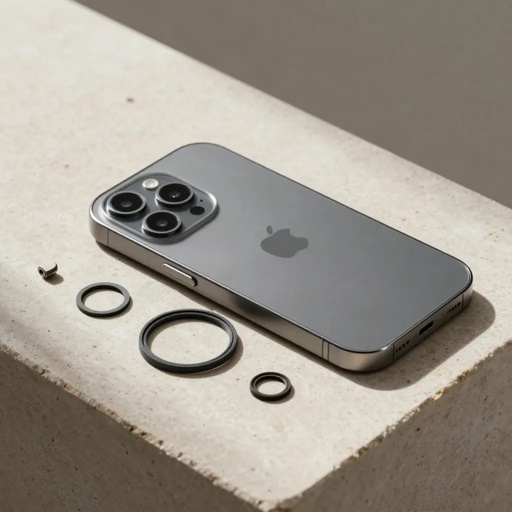 Smartphone frame and module parts on pale stone with soft daylight and shadows.