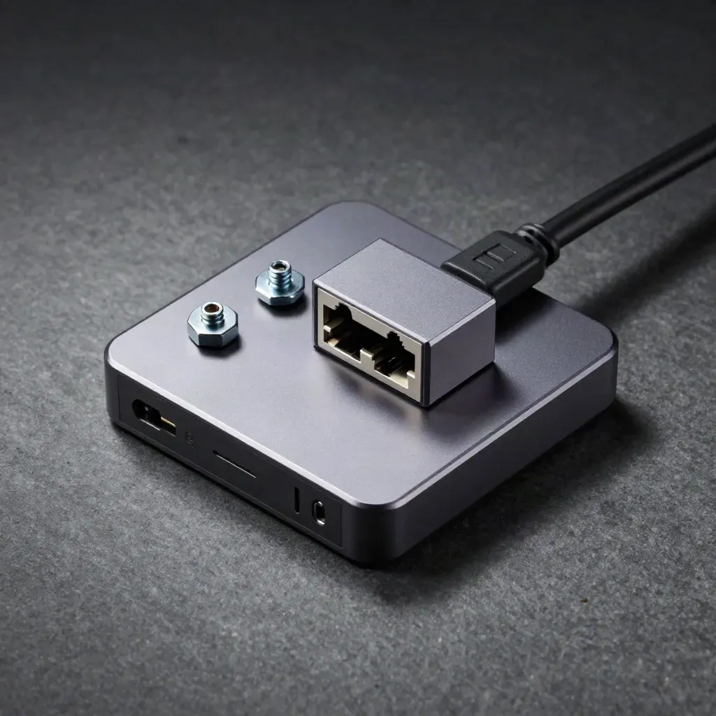 USB-C dock, ethernet adapter, screws, and braided lead on dark stone
