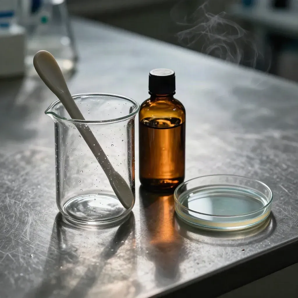 Macro lab still life with beaker, spatula, amber bottle, and petri dish lid on brushed metal.