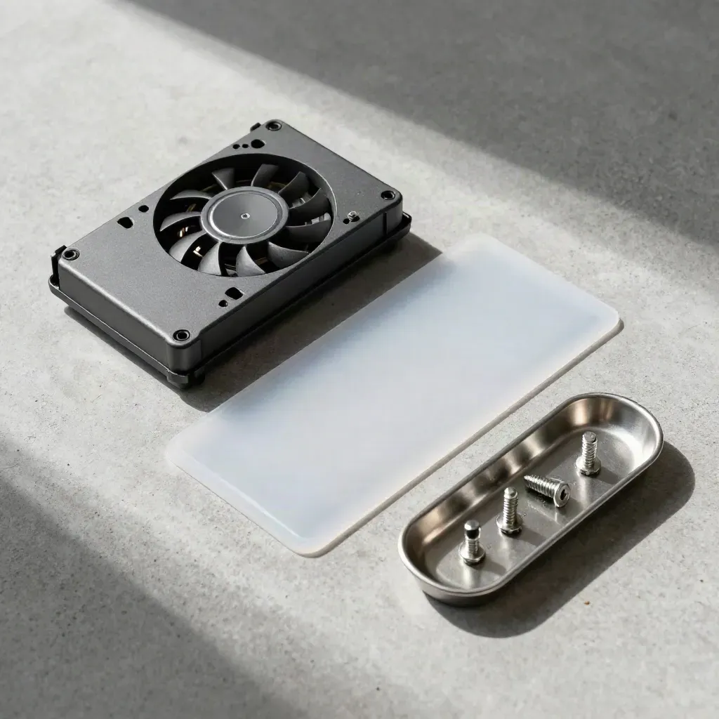 Top-down service kit with spare module, fan cartridge, thermal pad sheet, and screws on pale concrete.