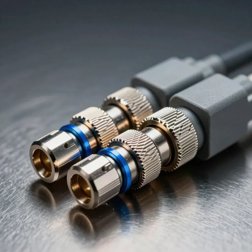 Macro of precision connectors linked across brushed metal with a blue accent