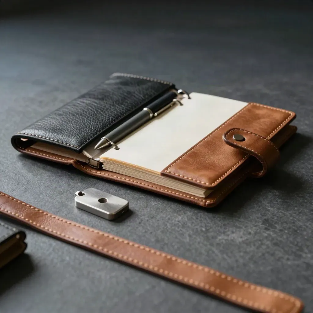 Open leather sample binder, matte pen, and metal security token on graphite stone.