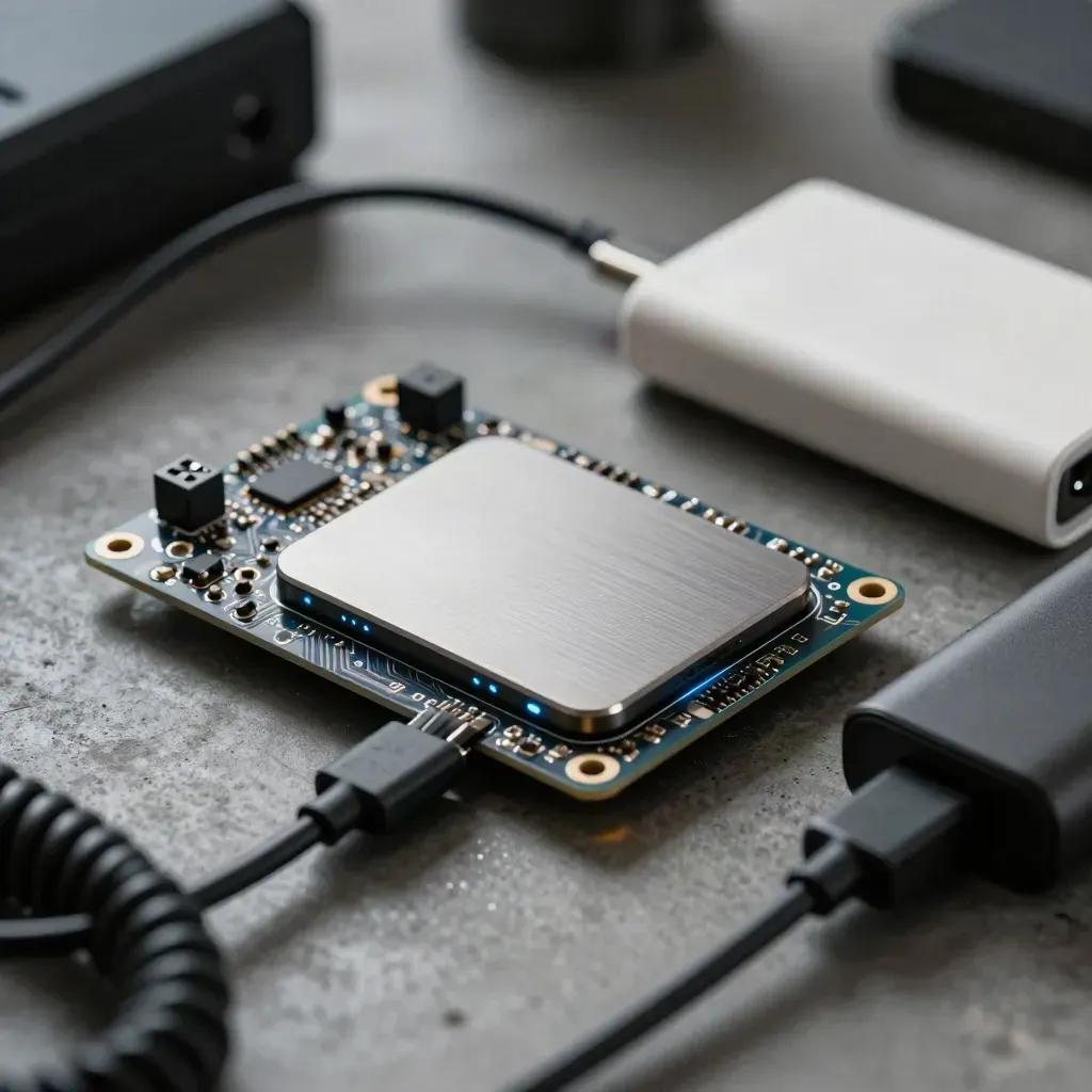 Macro still life of circuit board, SSD, power bank and USB-C cable on a workbench.