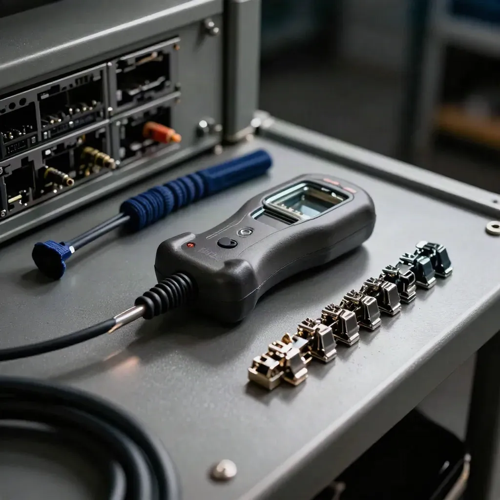 RJ45 cable tester, patch leads and punch-down tool on graphite in dramatic studio light.