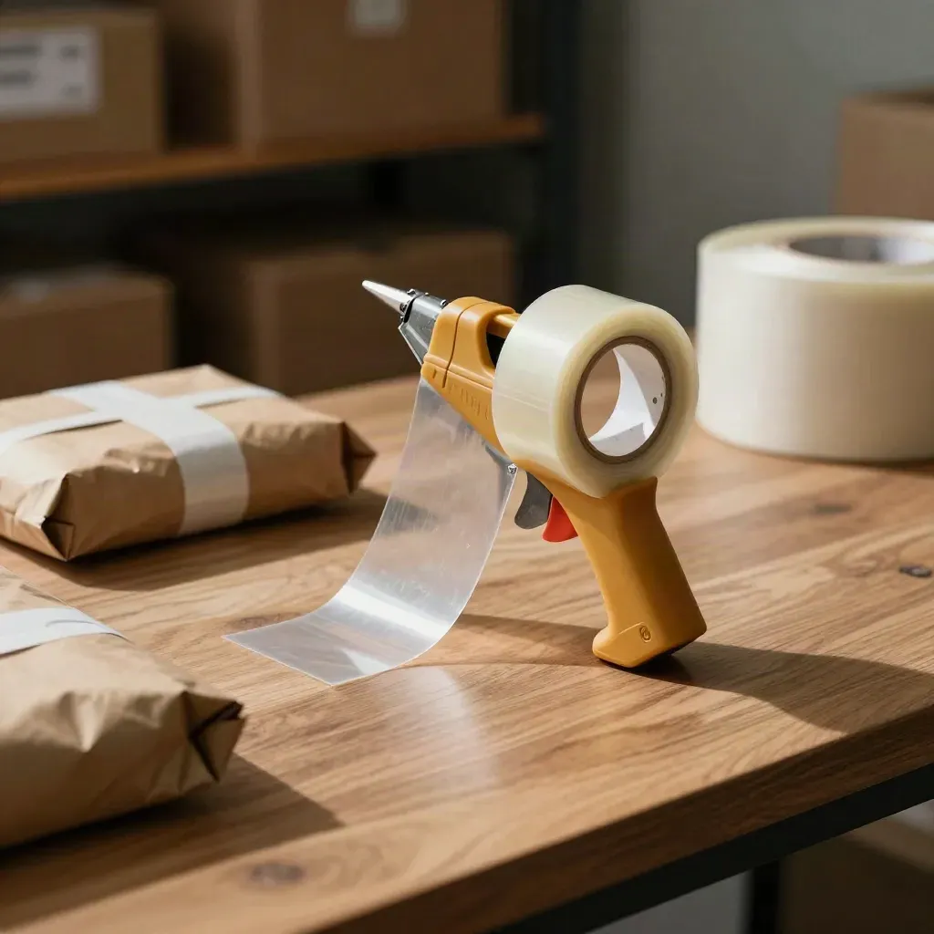 Tape gun, kraft wrap, and sealed parcel corner on a walnut bench.