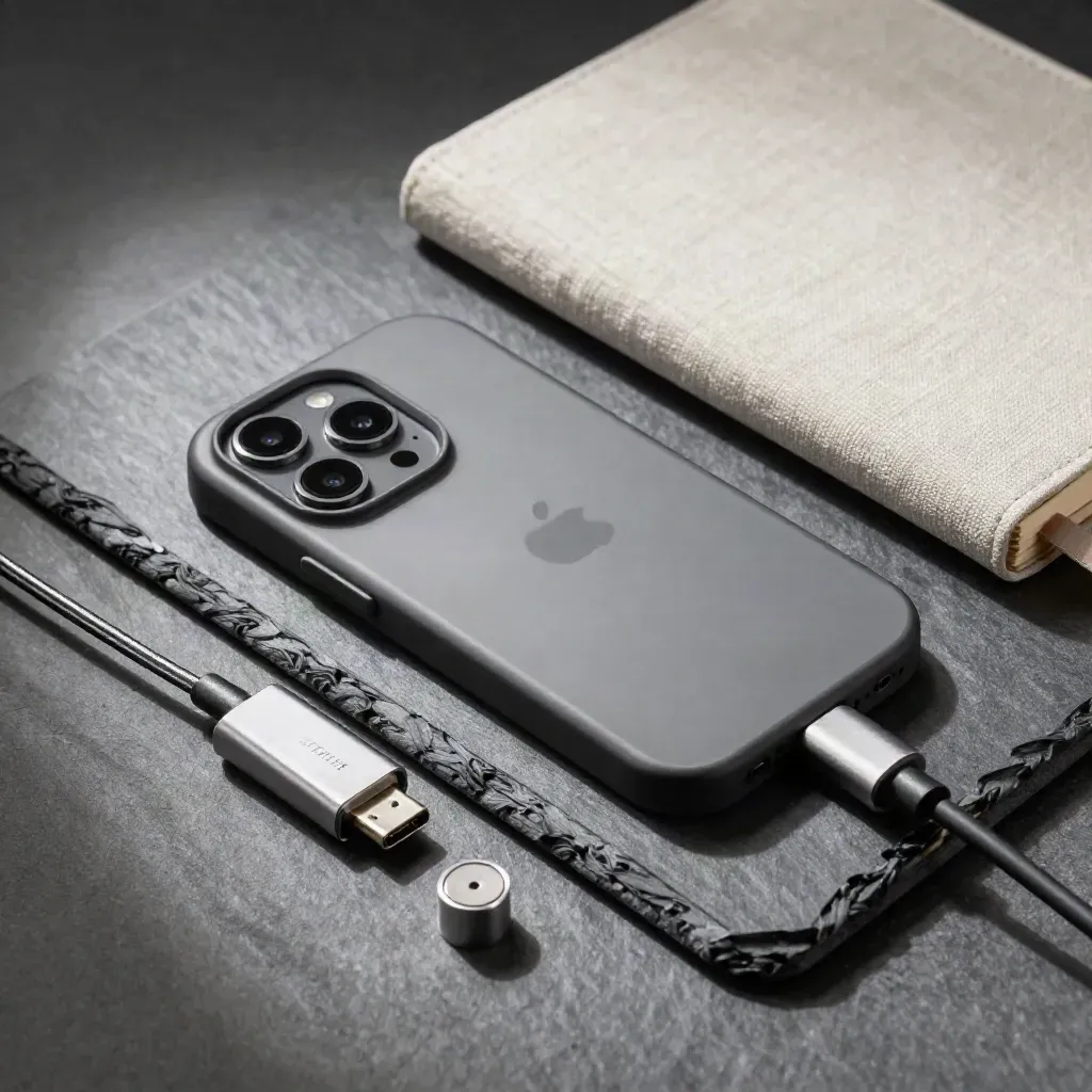 Overhead close-up of prototype phone parts, USB-C dongle and notebook on a slate workbench.