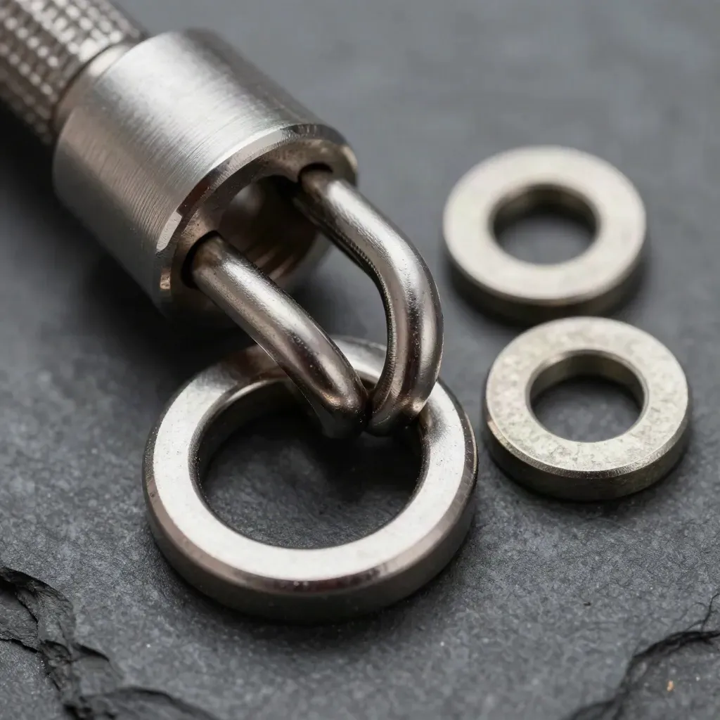 Macro still life of linked metal rings, a coupler, and precision washers on graphite stone.