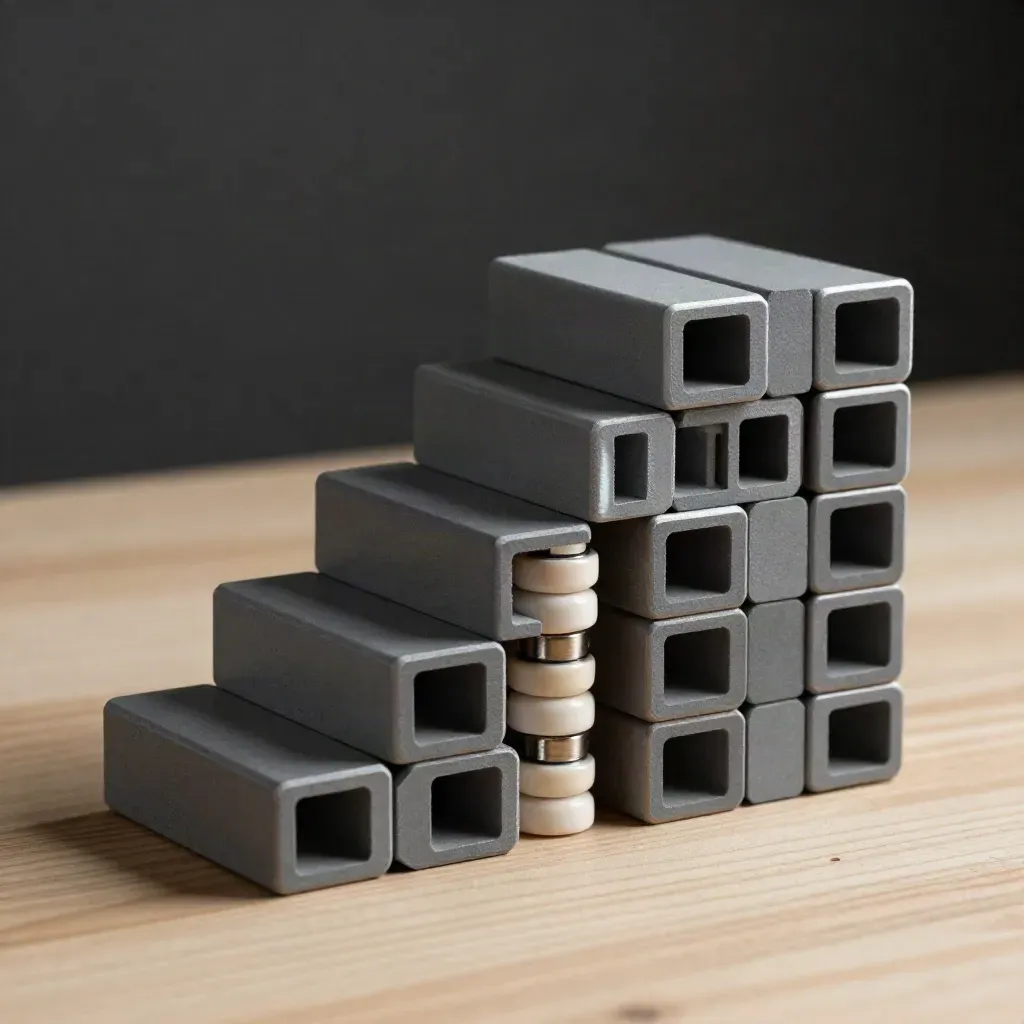Stacked modular blocks with chamfered slots on pale wood, lit by a hard side light