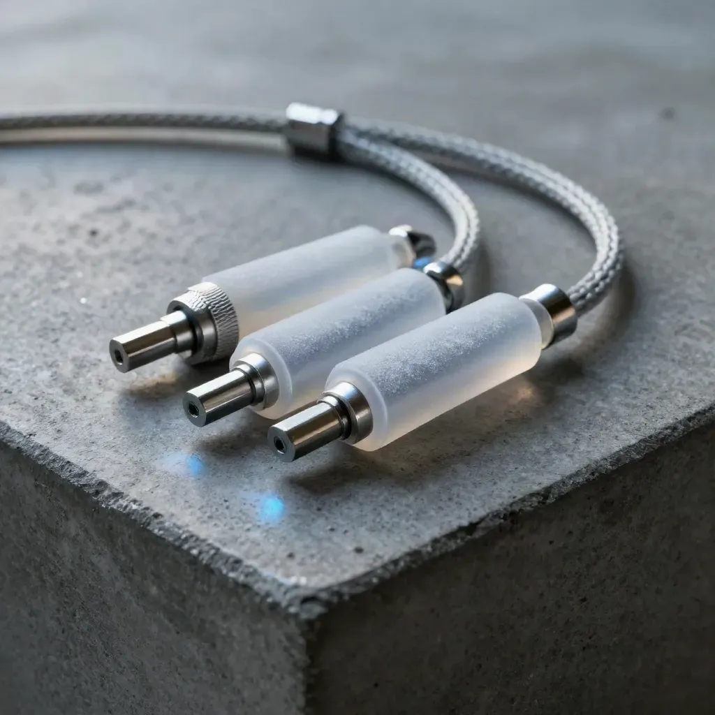 Macro of frosted connector sleeves, pins, and braided cable on concrete with blue reflection
