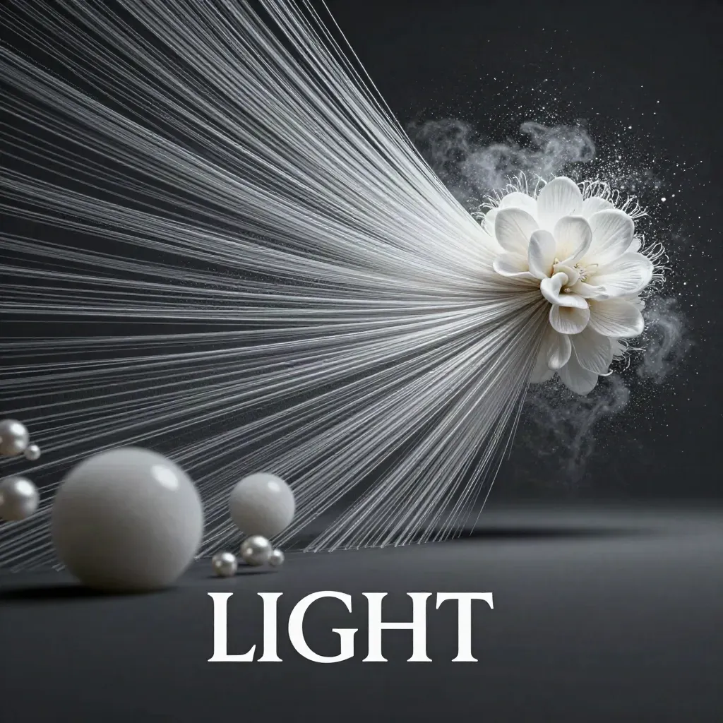 Silver filaments converge into a white bloom in dark graphite space, with room for headline.