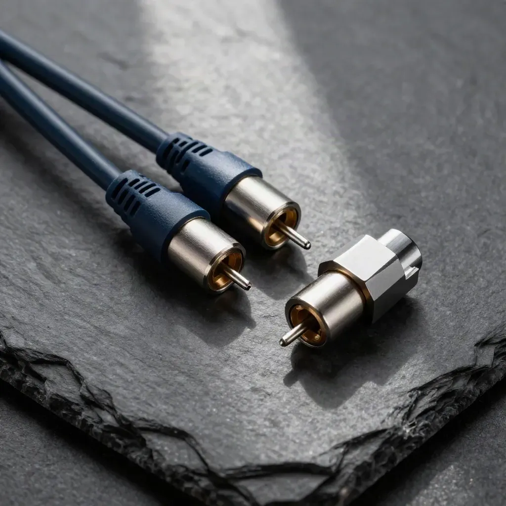 Connector blocks, cable harness, and aligned pins on dark slate, top-down editorial still life